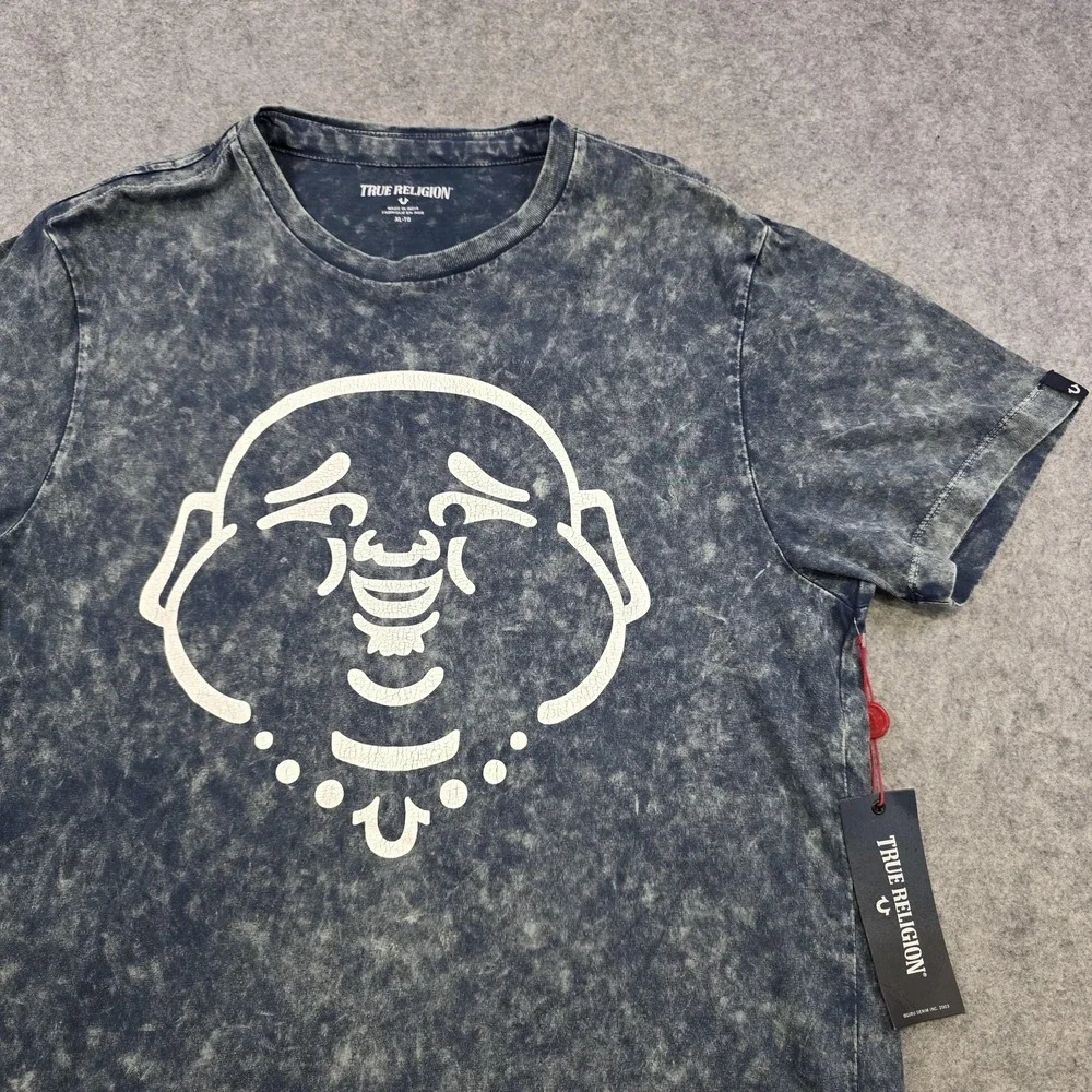 True Religion Shirt Mens XL Blue Buddha Acid Wash Crewneck Graphic Tee Logo